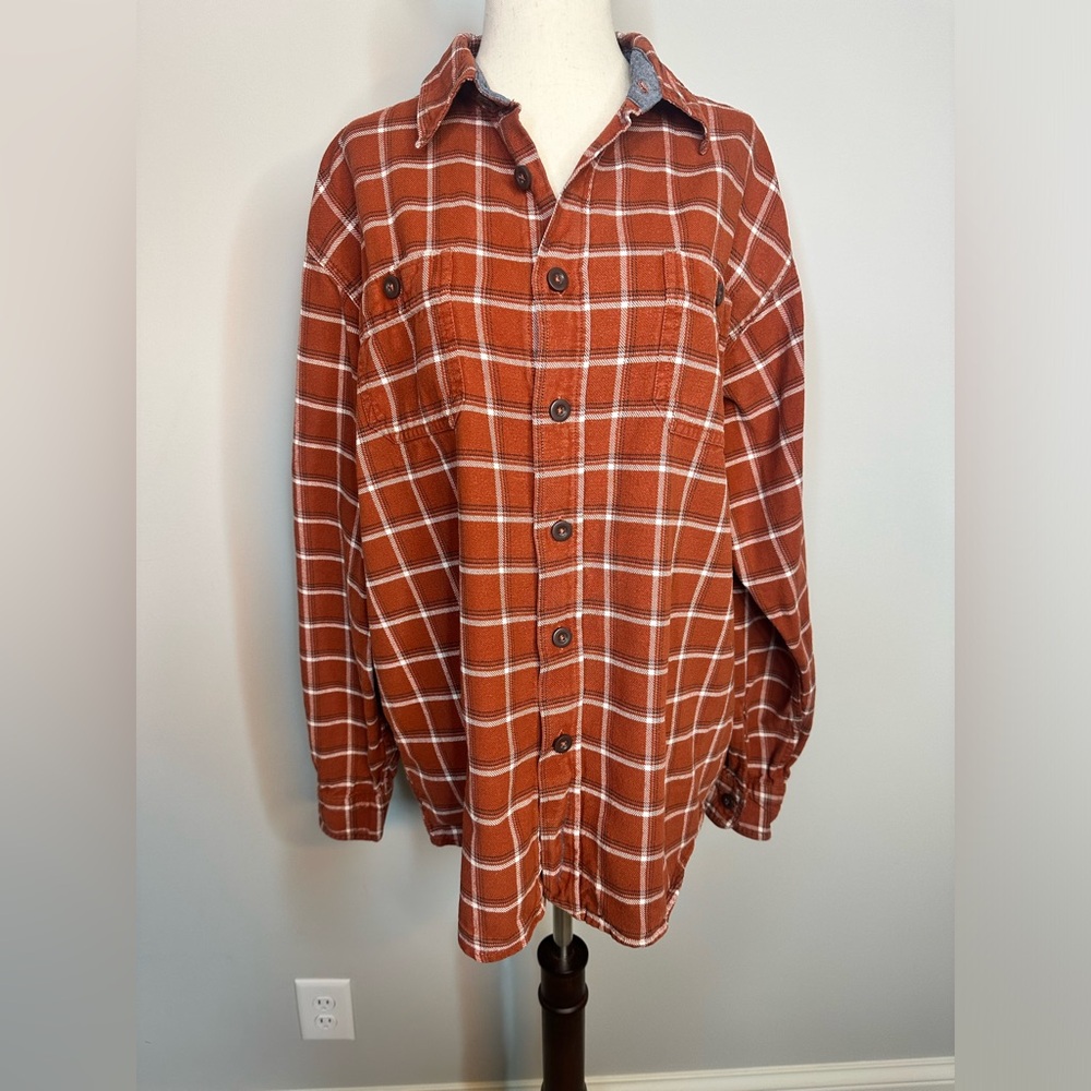 Sz L Wrangler Premium vintage flannel button front rust plaid shirt